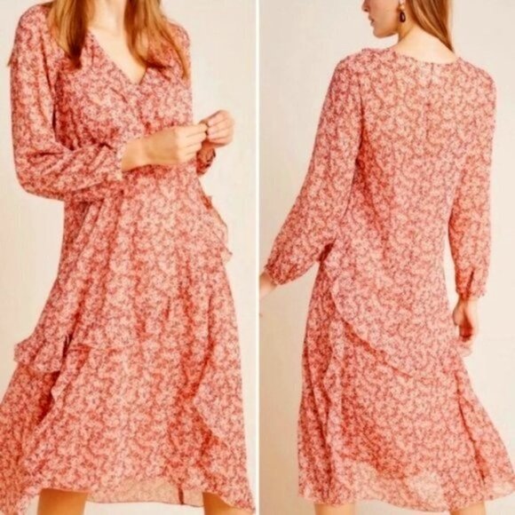 Anthropologie Maeve Floral Orange Midi Dree - Picture 1 of 9